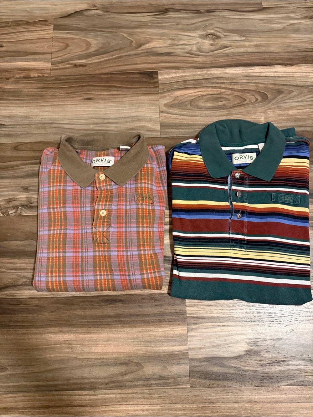 Vtg. Orvis Cotton Polo Shirt Bundle (2) Men’s XL Short Sleeve Plaid Striped